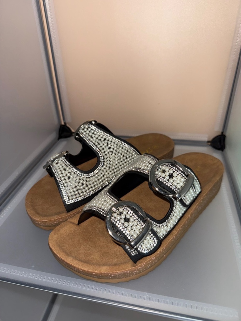 Forever Women's Comfort Pearl Embellished Platform Slide Sandal Black Size 10 - Picture 6 of 7